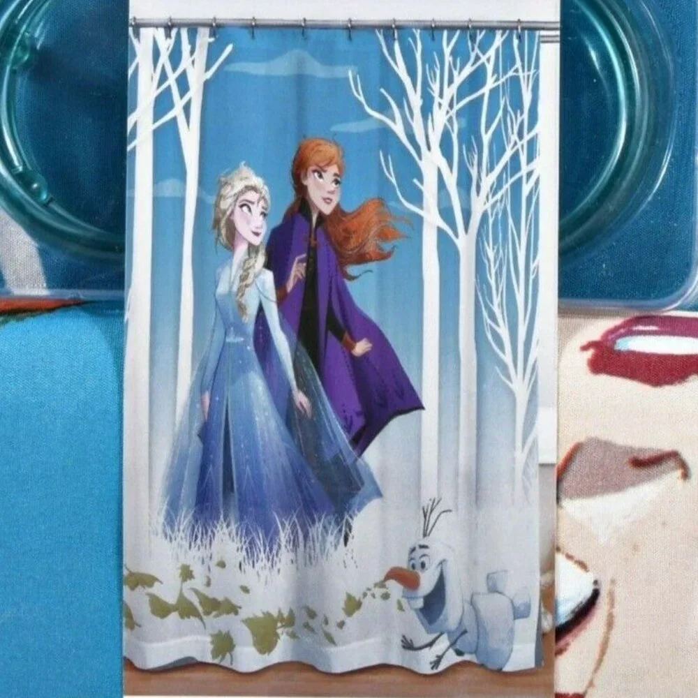 DISNEY PRINCESS FROZEN ELSA ANNA OLAF Fabric Shower Curtain & Hooks 72 x 72 NEW